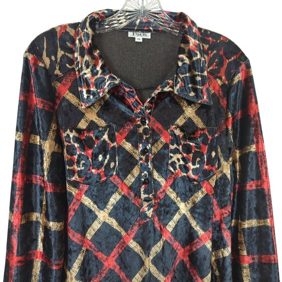 Paris Hues Womens Velvet‎ Blouse M Long Sleeve Button-Up Shirt Leopard Checkered - Picture 4 of 12
